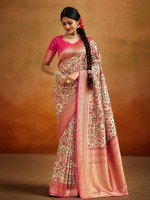 Light Peach And Pink Soft Handloom Banarasi Silk Saree